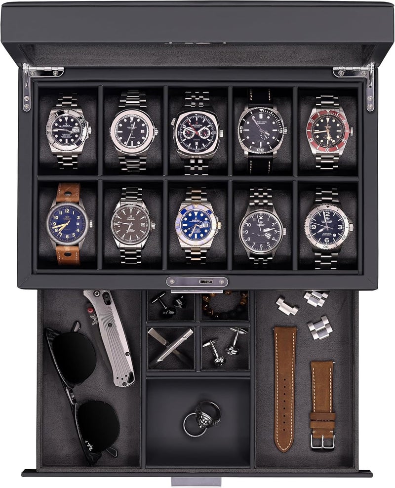 ROTHWELL 10-Slot Watch Box in Leather with Valet Drawer, Luxury Watch Case Display Organizer with Ultra Soft Microsuede Liner, Jewelry and Sunglass Holder With Large Glass top (Carbon) - Image 1
